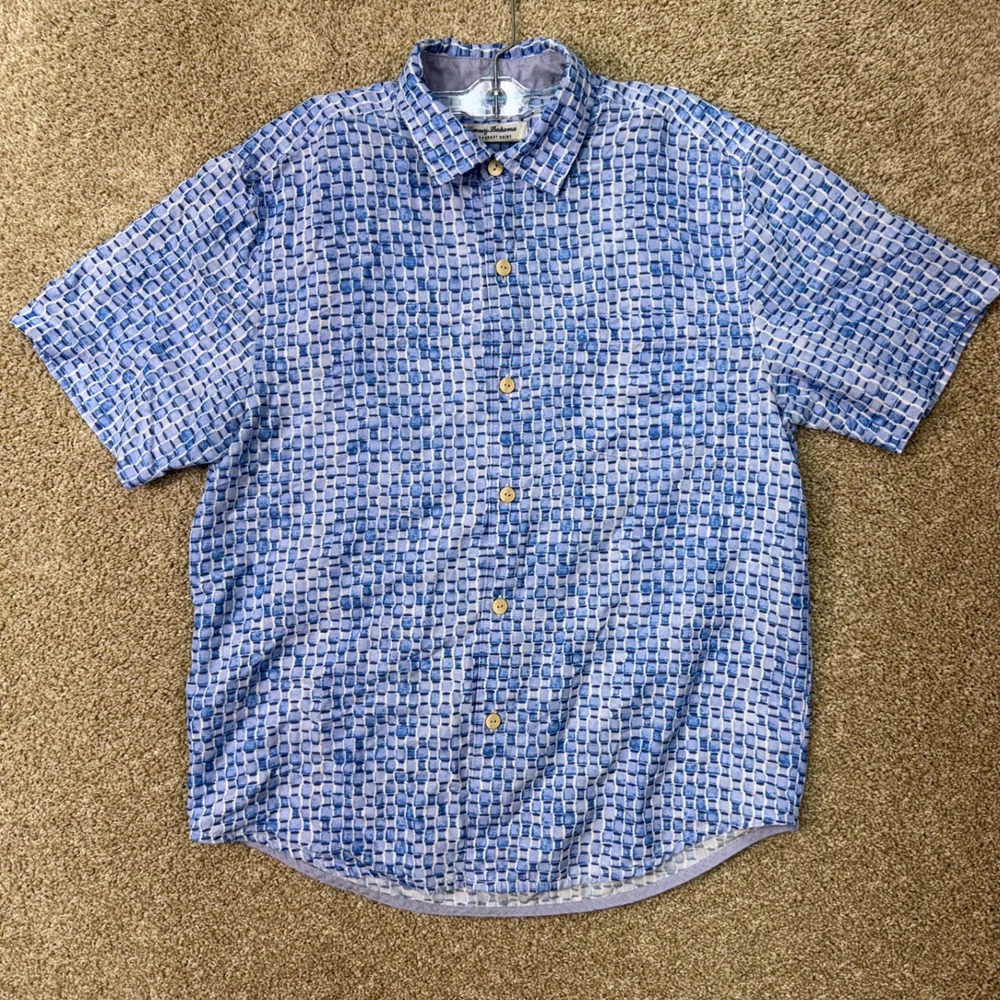 Tommy Bahama Button Up Shirt Men Large Blue Geometric Coconut Point Tencel Short
